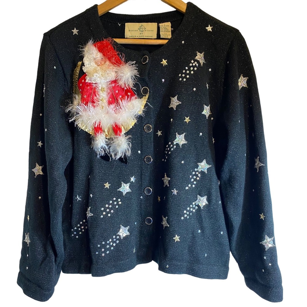 Vintage Celestial Cardigan Christmas Santa Claus Moon 3D L sweater